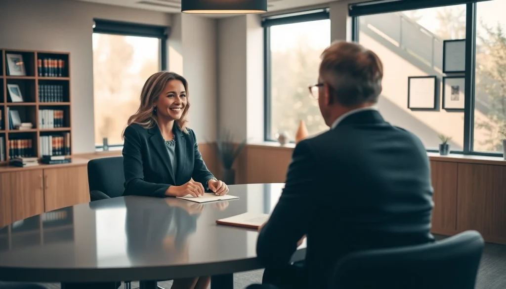 Consulting with a professional attorney at https://www.miaoulislaw.com in a modern office.