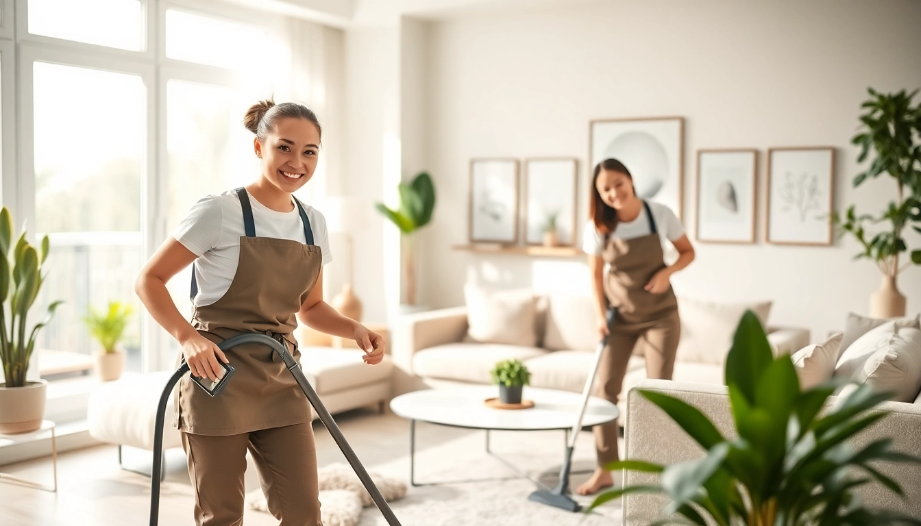 Cleaning Service professionals actively cleaning a modern living room, showcasing attention to detail.