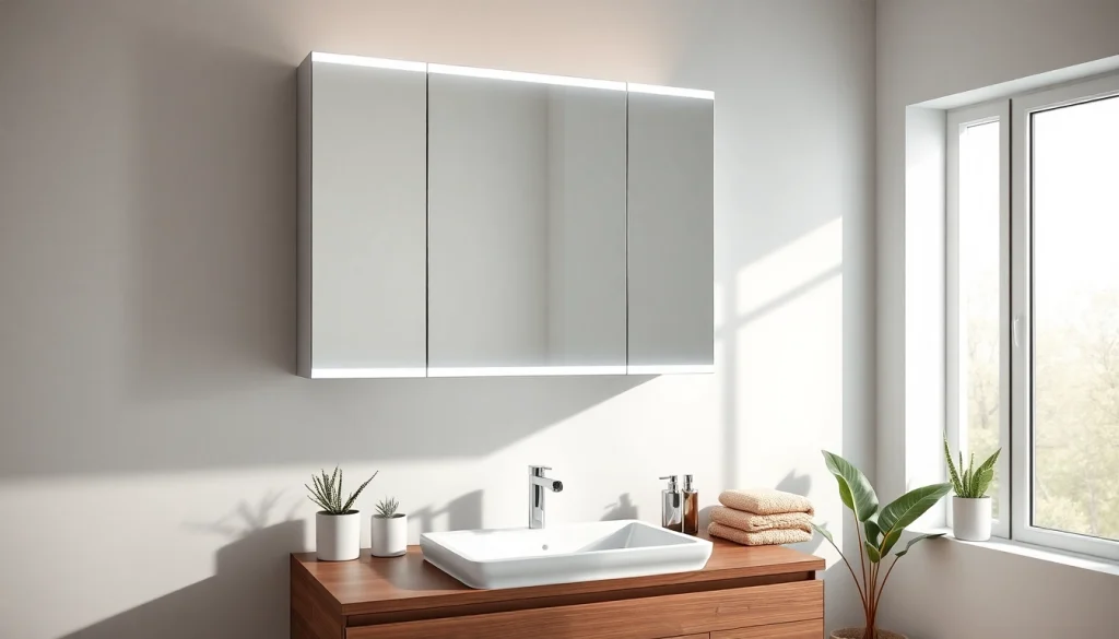 Präsentation eines spiegelschrank mit led Beleuchtung über einem modernen Waschbecken im Badezimmer.