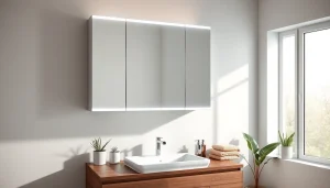 Präsentation eines spiegelschrank mit led Beleuchtung über einem modernen Waschbecken im Badezimmer.