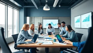 Team analyzing data for Competitive intelligence strategies in a bright and modern workspace.