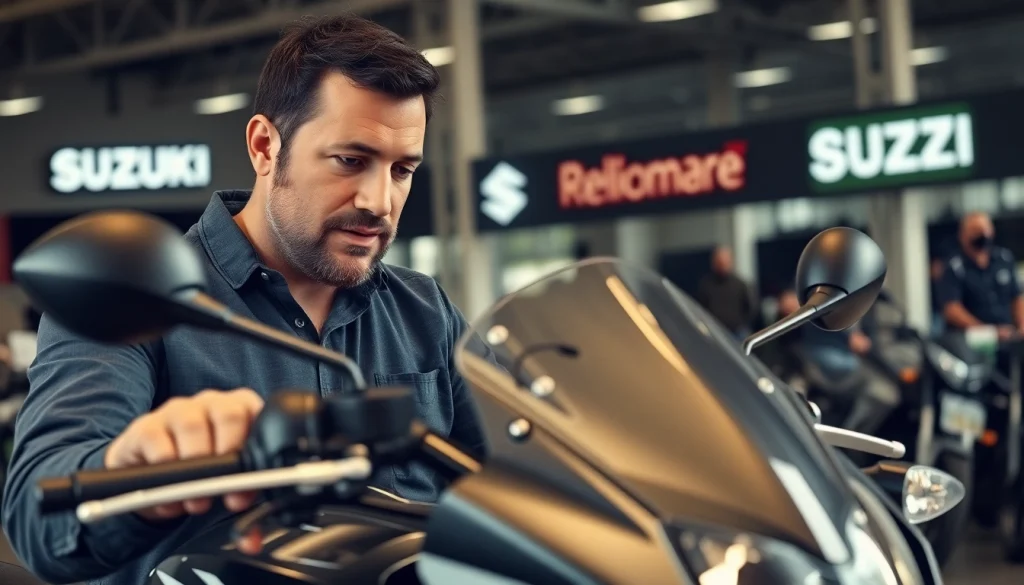 Wir kaufen dein motorrad erfahrungen bei einem Verkäufer, der eine Suzuki Motorrad prüft.