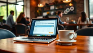 Bekijk hoe https://enqueteplein.nl wordt gebruikt met een laptop in een gezellige koffiebar.