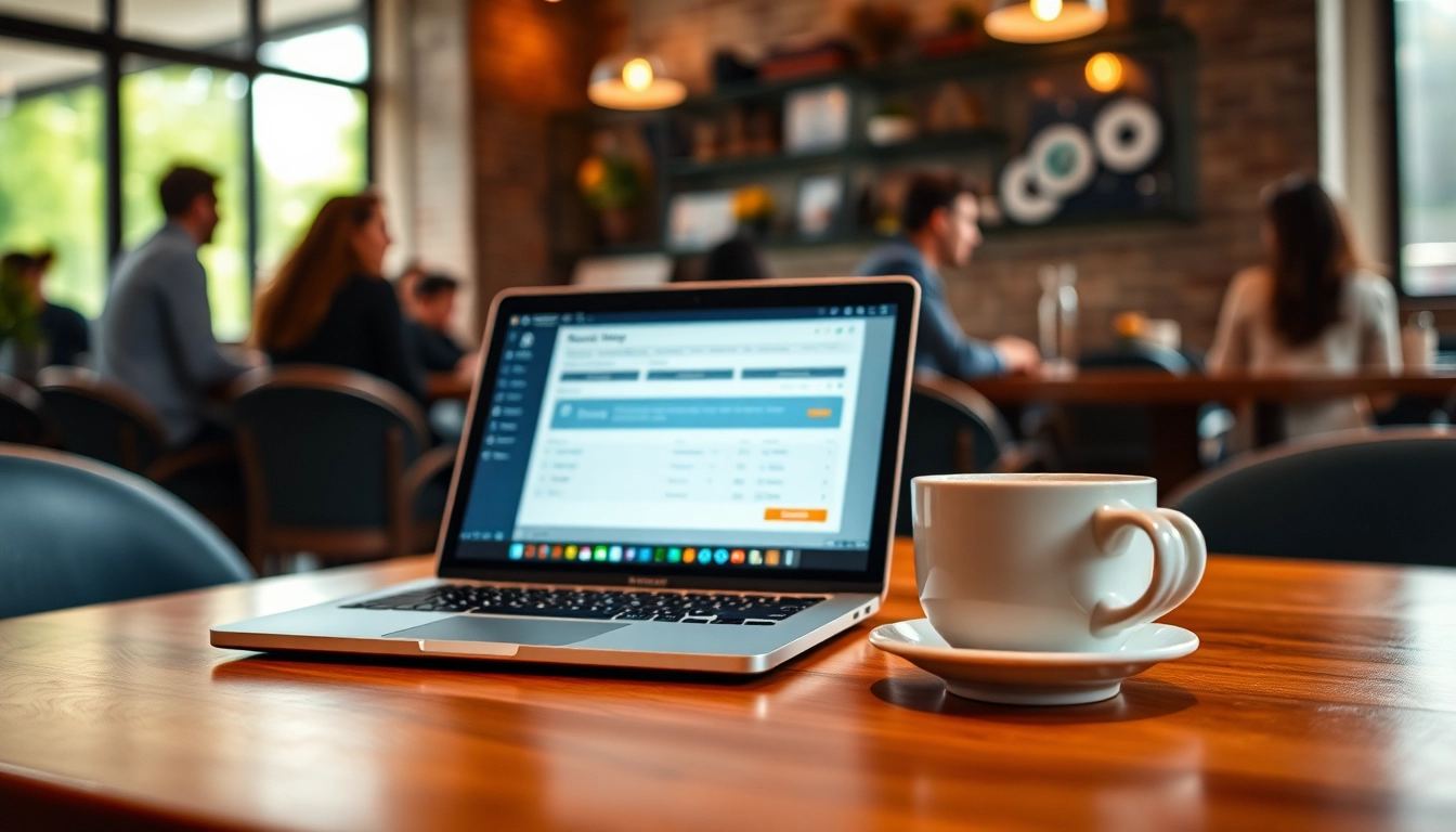 Bekijk hoe https://enqueteplein.nl wordt gebruikt met een laptop in een gezellige koffiebar.