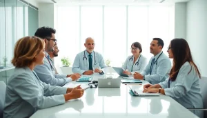 Engaged healthcare team discussing innovative solutions at https://www.medexdtc.com in a modern clinic setting.