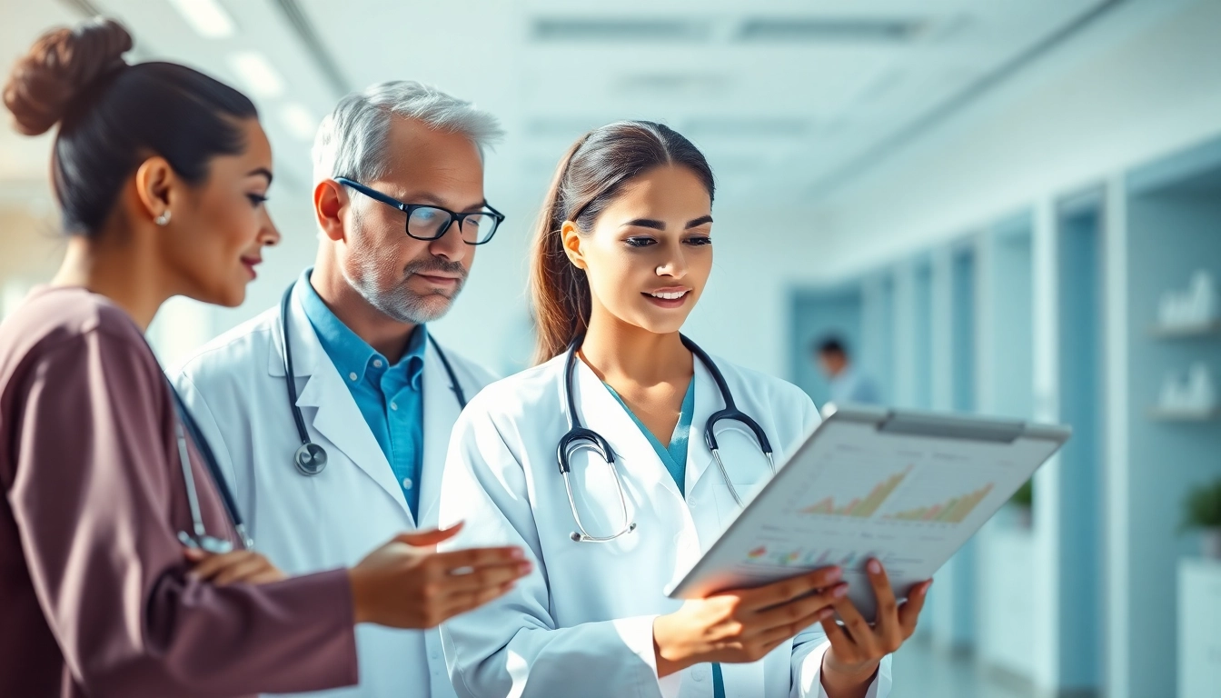 Collaborating healthcare professionals discussing vital Health information in a modern clinic.