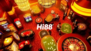 Hi88 players engaging in thrilling poker games at a bustling casino, showcasing excitement and strategy.