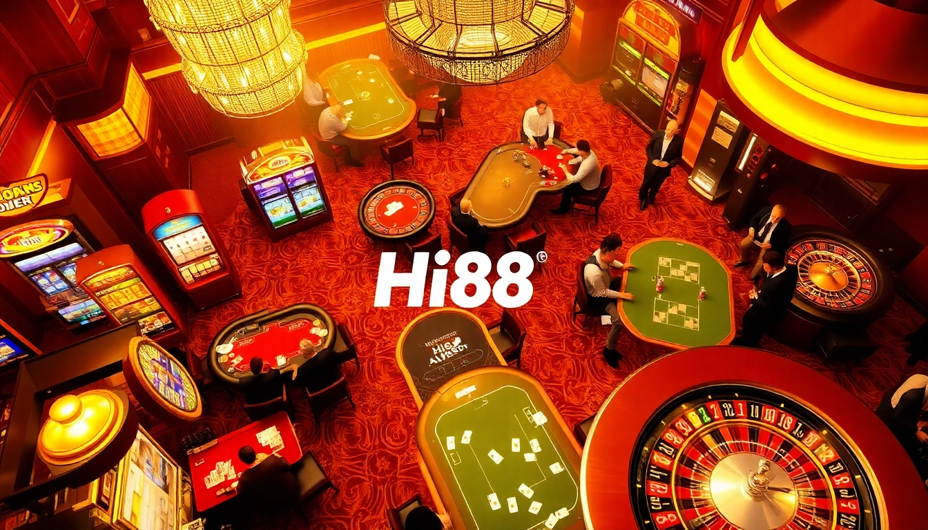 Hi88 players engaging in thrilling poker games at a bustling casino, showcasing excitement and strategy.