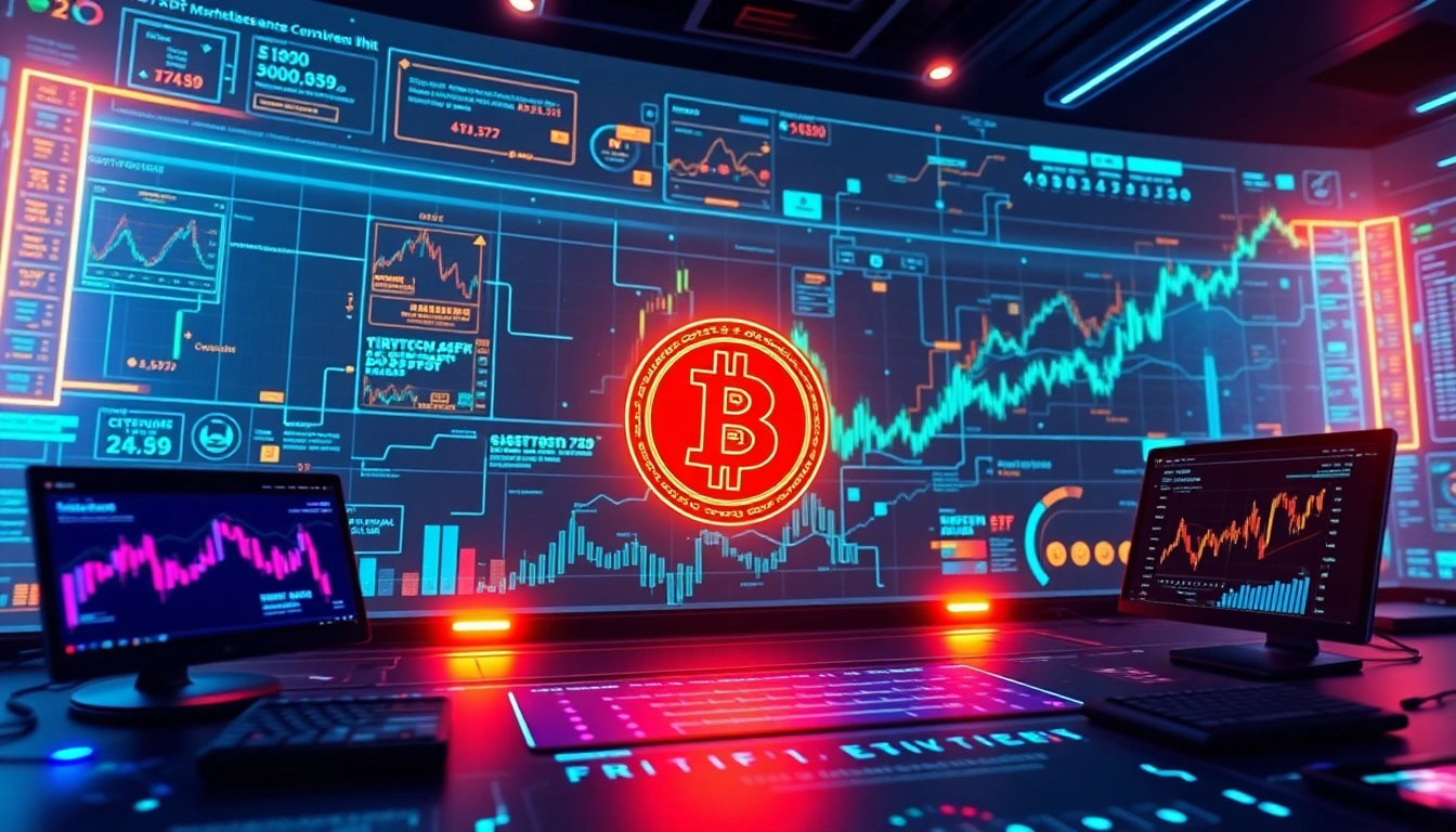 Wizualizacja łańcucha blokowego kryptowalut z logami Bitcoin i Ethereum, portfelami cyfrowymi, wykresami handlowymi i elementami DeFi.