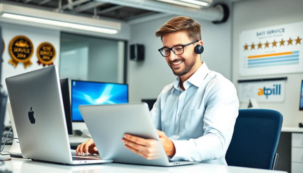 Showcase of computer service technician expertly assisting clients at https://computerhilfe-24.at in a modern office.