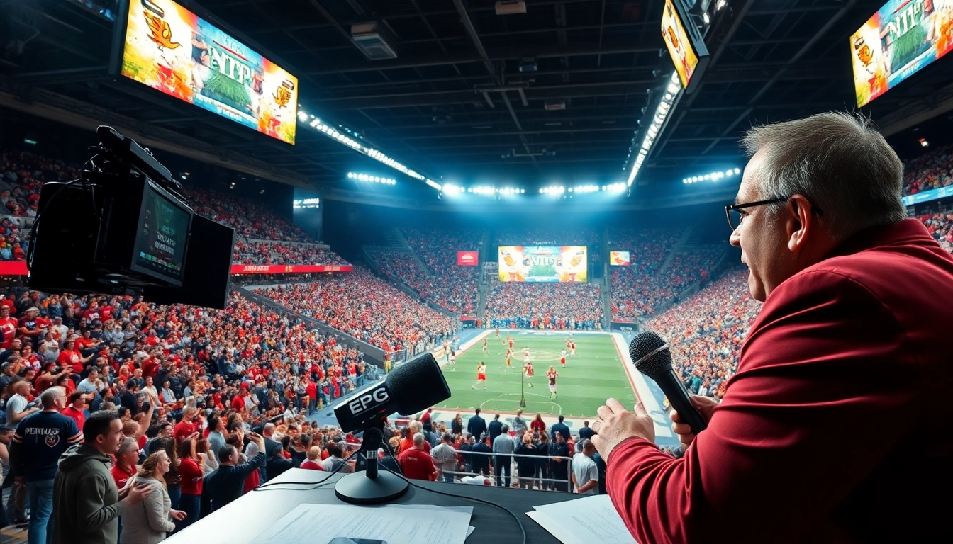 스포츠중계에서 열정적으로 해설하는 해설자와 경기 중인 선수들 모습