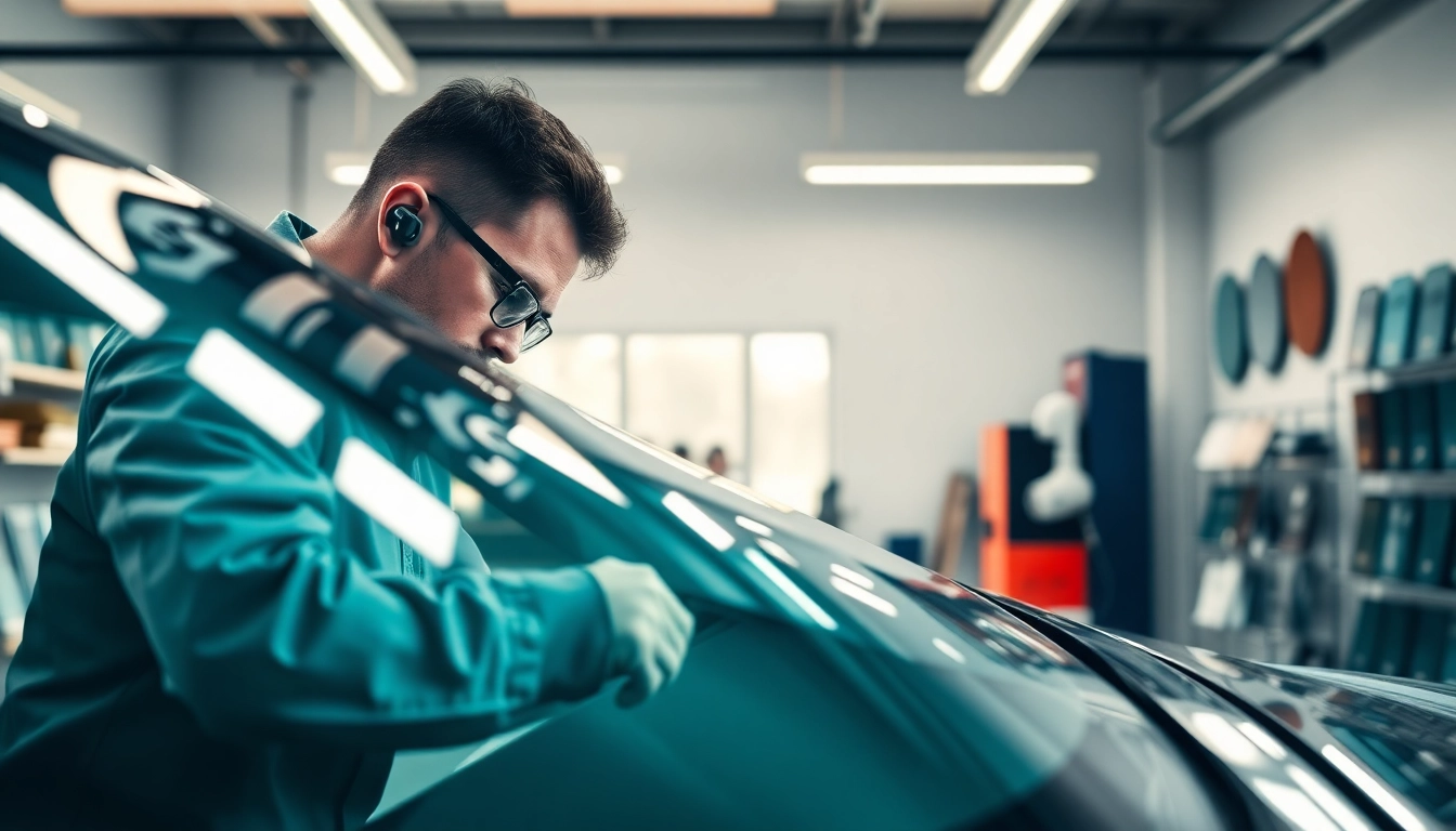 Auto glass shop near me technician repairing a windshield in a professional workshop.