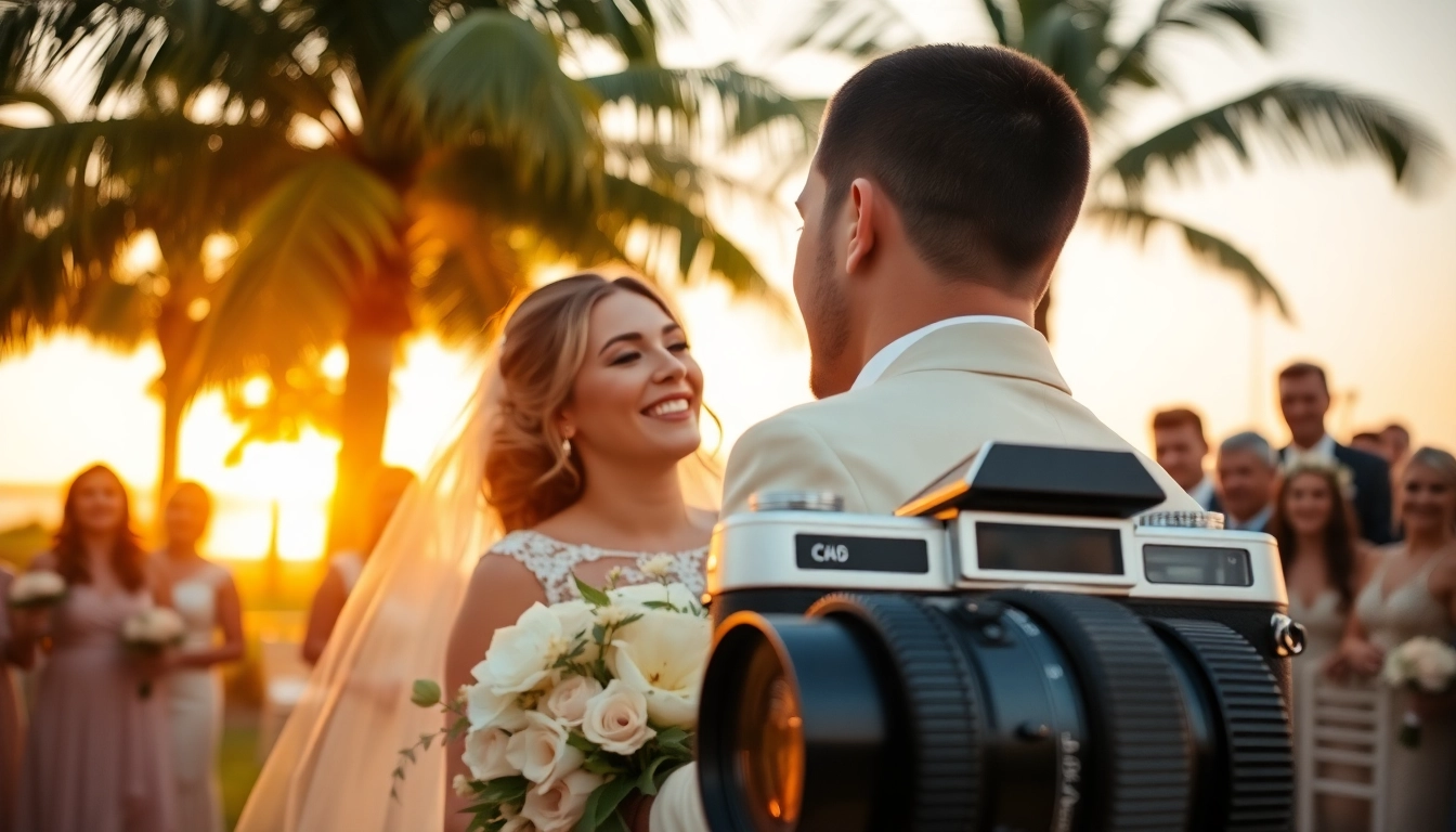 Tampa wedding videography capturing a joyful couple in a sunset celebration, featuring a vibrant outdoor setting.
