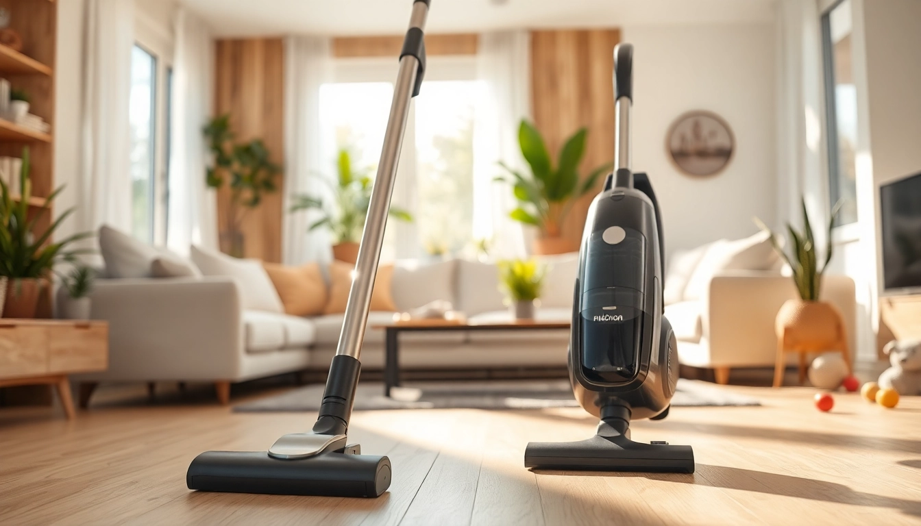 Efficient vacuum cleaning a modern home, featuring a sleek design and cozy atmosphere.