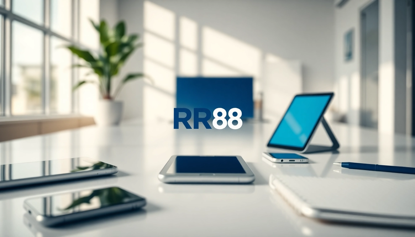 Showcase of RR88 logo with modern gadgets in a bright tech workspace.