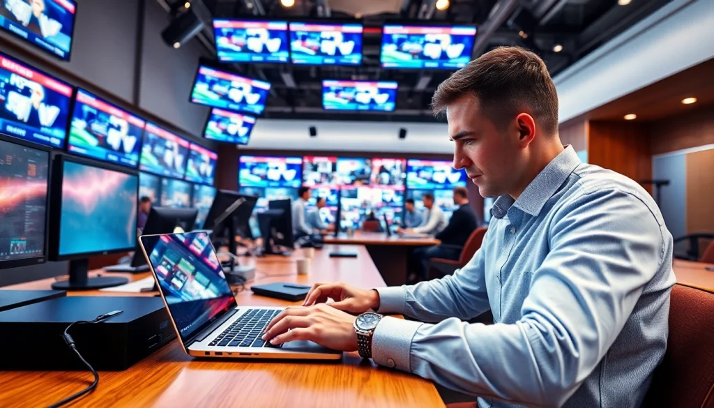 Dynamic newsroom scene highlighting a journalist focused on news reporting at suntimesnews.com.