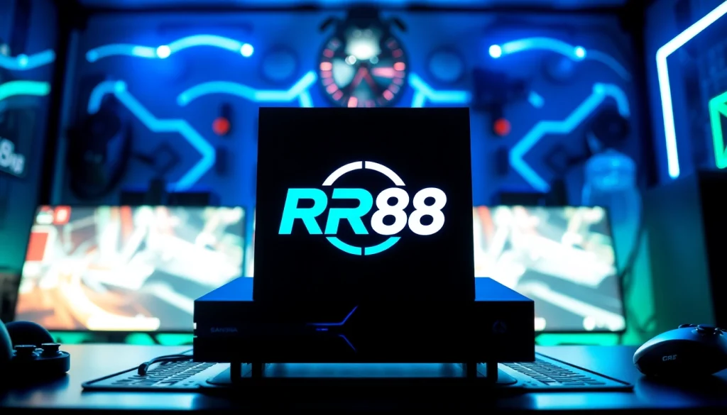 RR88 logo showcased on a modern gaming console in a high-tech setup with vibrant lighting.
