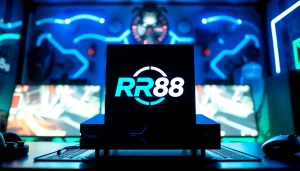 RR88 logo showcased on a modern gaming console in a high-tech setup with vibrant lighting.