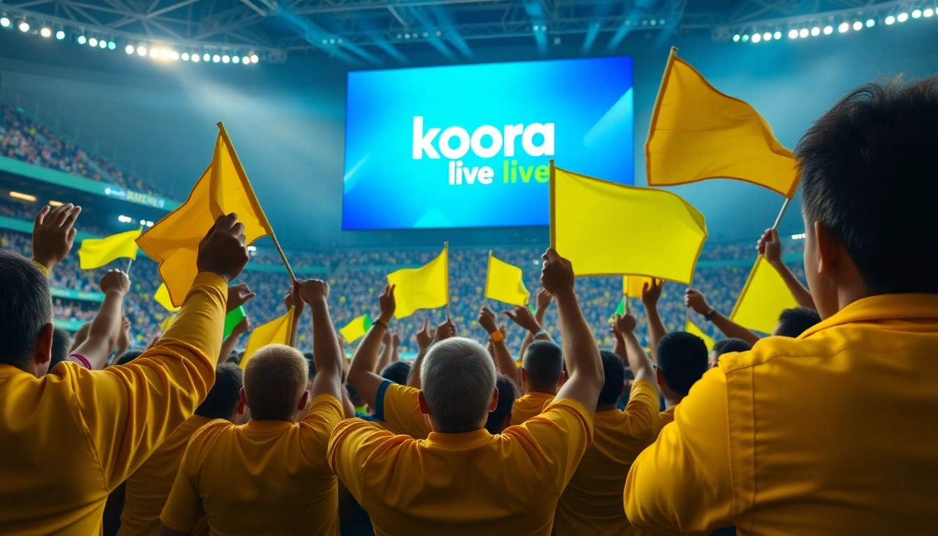 Fans celebrating during a soccer match with "Koora live" displayed on screen, showcasing excitement and sportsmanship.