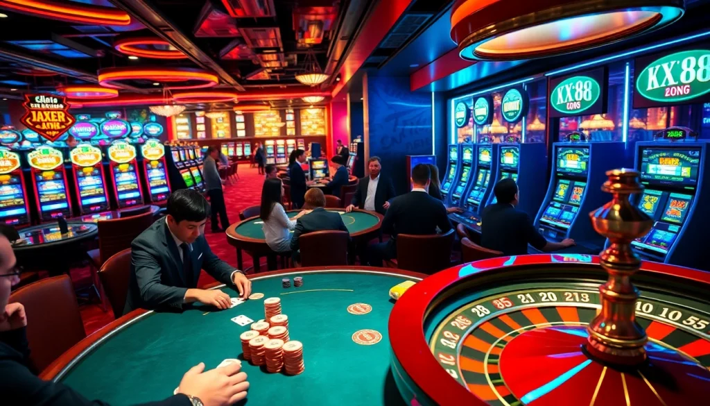"Experience the excitement at XX 88 casino with tables full of action, chips, and slot machines."