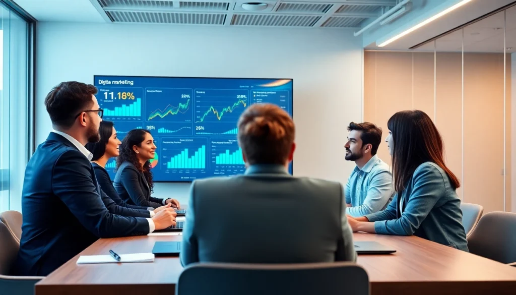 Melihat presentasi pemasaran digital di https://152.42.170.247 dengan tim yang beragam di kantor modern.