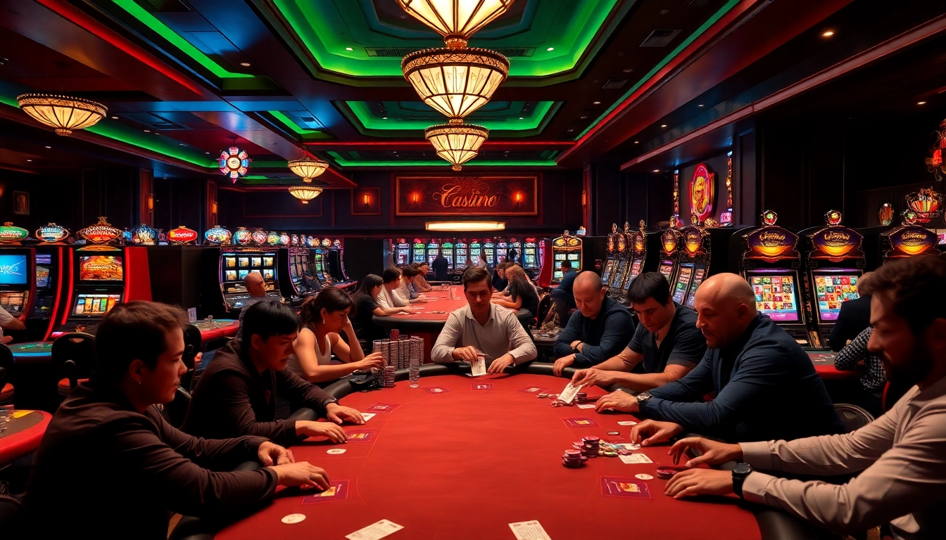 คาสิโนที่เต็มไปด้วยความตื่นเต้นและผู้เล่นที่มีส่วนร่วมในพื้นที่เกมที่หรูหรา