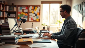 Engaging journalist working at https://spectacle.com.ua with vibrant workspace and natural lighting.