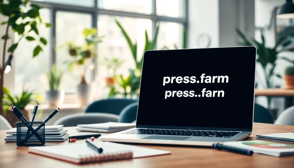 Showcase of https://press.farm on a sleek laptop in a modern PR workspace with creative materials.