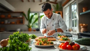 Chef crafting a gourmet meal showcasing Private chef Sint Maarten culinary art in a tropical setting.