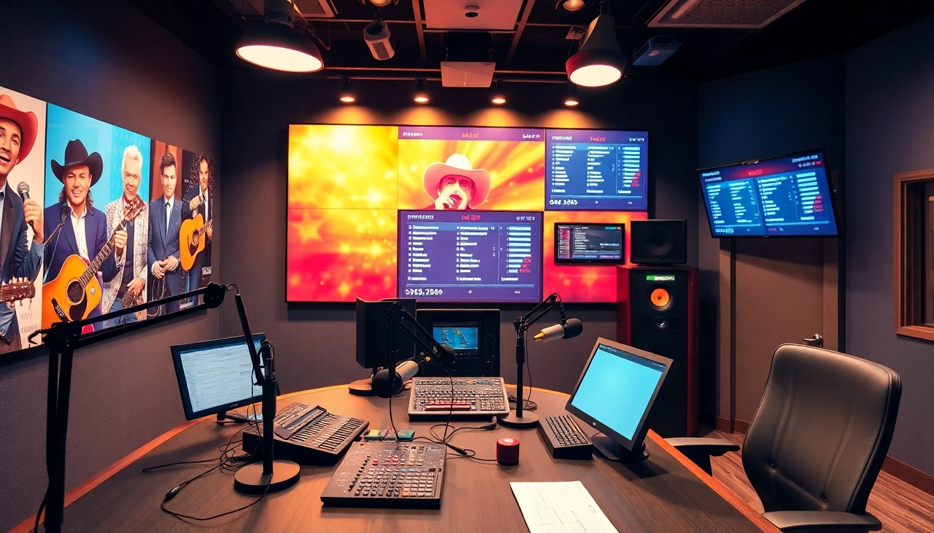 Listen live on https://mycountry955.com, a vibrant country music radio studio buzzing with energy.