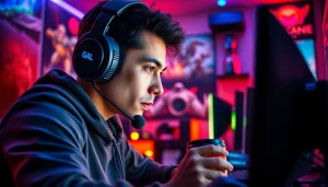 Menggunakan hakim4d game, gamer fokus sambil dikelilingi peralatan permainan yang futuristik.