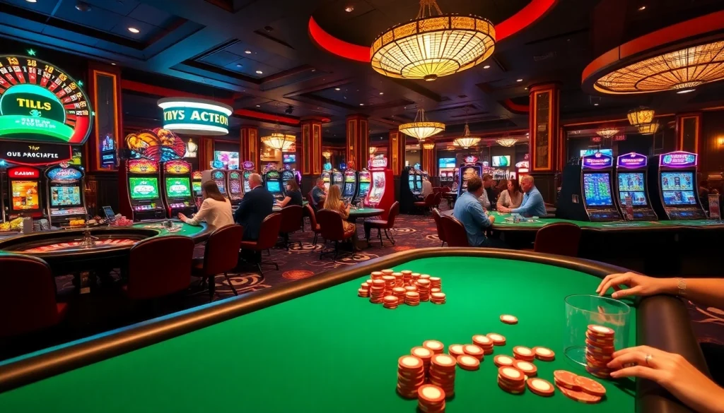 Exciting casino activities featuring players at KJC AC 1 tables and slot machines.