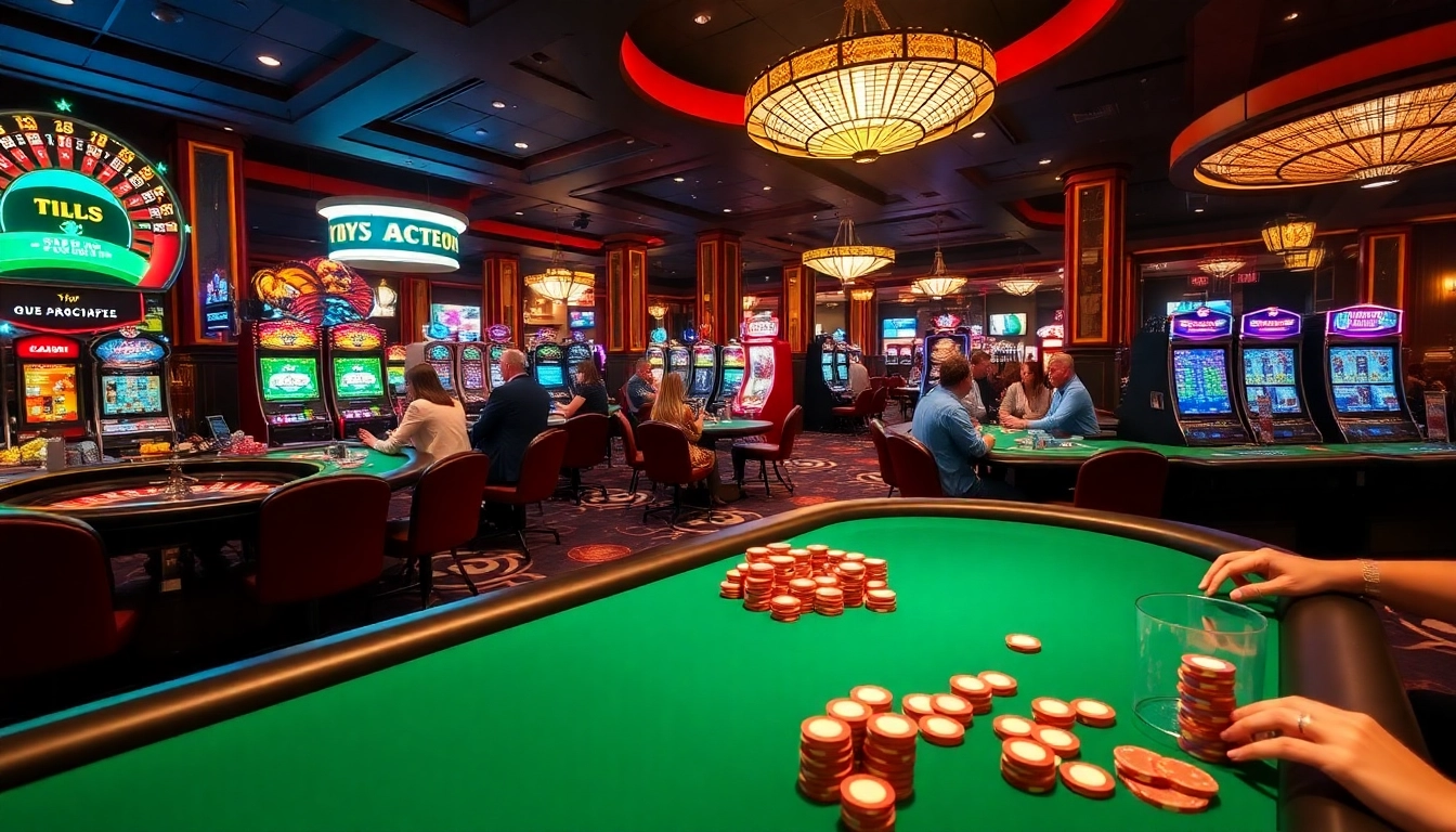 Exciting casino activities featuring players at KJC AC 1 tables and slot machines.