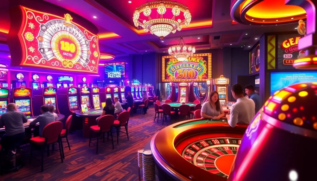 Experience the vibrant gambling world of KJC AC 1 with players enjoying casino tables and slot machines.
