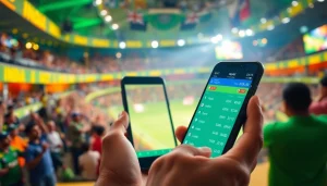 Engaging scene showcasing sports betting in India with a focus on mobile betting action.