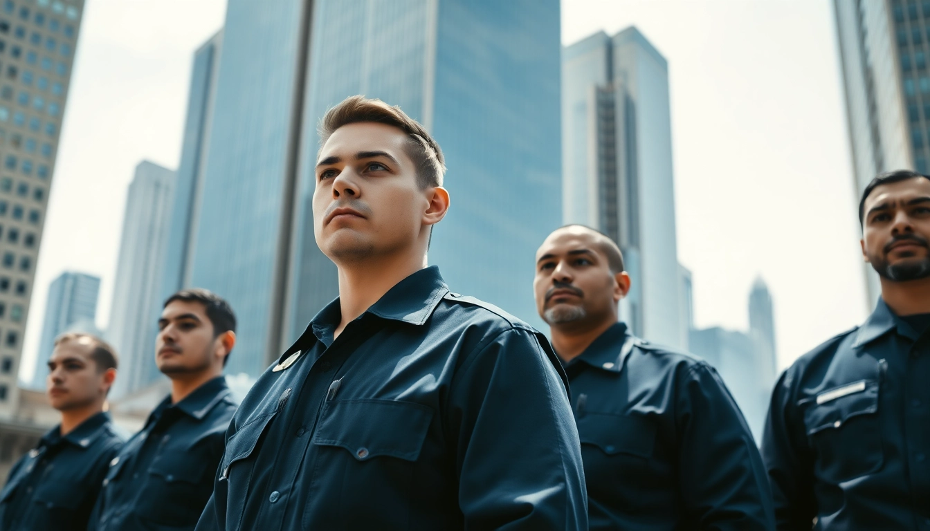 Security Guards standing vigilant in a cityscape, ensuring safety and professionalism.