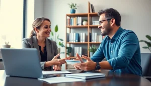 신용카드 현금화 방법을 논의하는 장면에서 친절한 상담사와 고객이 서로 대화하는 모습.
