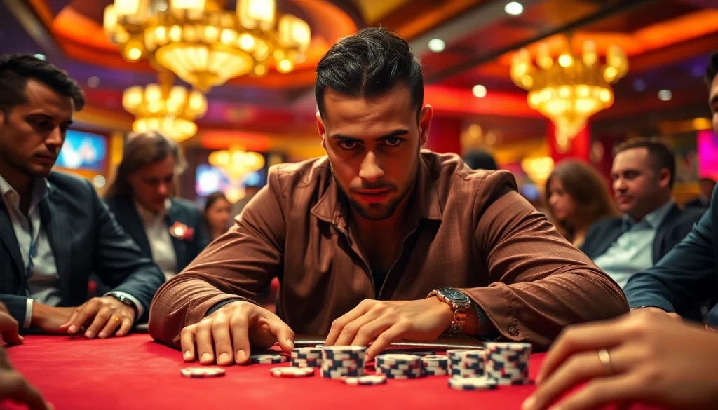 A dynamic poker game scene featuring 79king, a professional athlete, amidst competitive players.