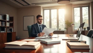 Reviewing legal documents at https://www.steinhardtlawfirm.com in a professional law office.