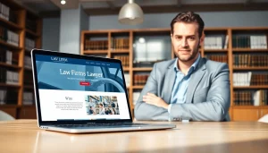 Showcasing a professional law firm website design on a modern laptop at https://www.lawfirmswebsitedesign.com in a sleek office.