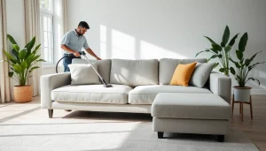 Sofa cleaning Dubai service showcasing a professional cleaner with advanced equipment in a stylish living room.