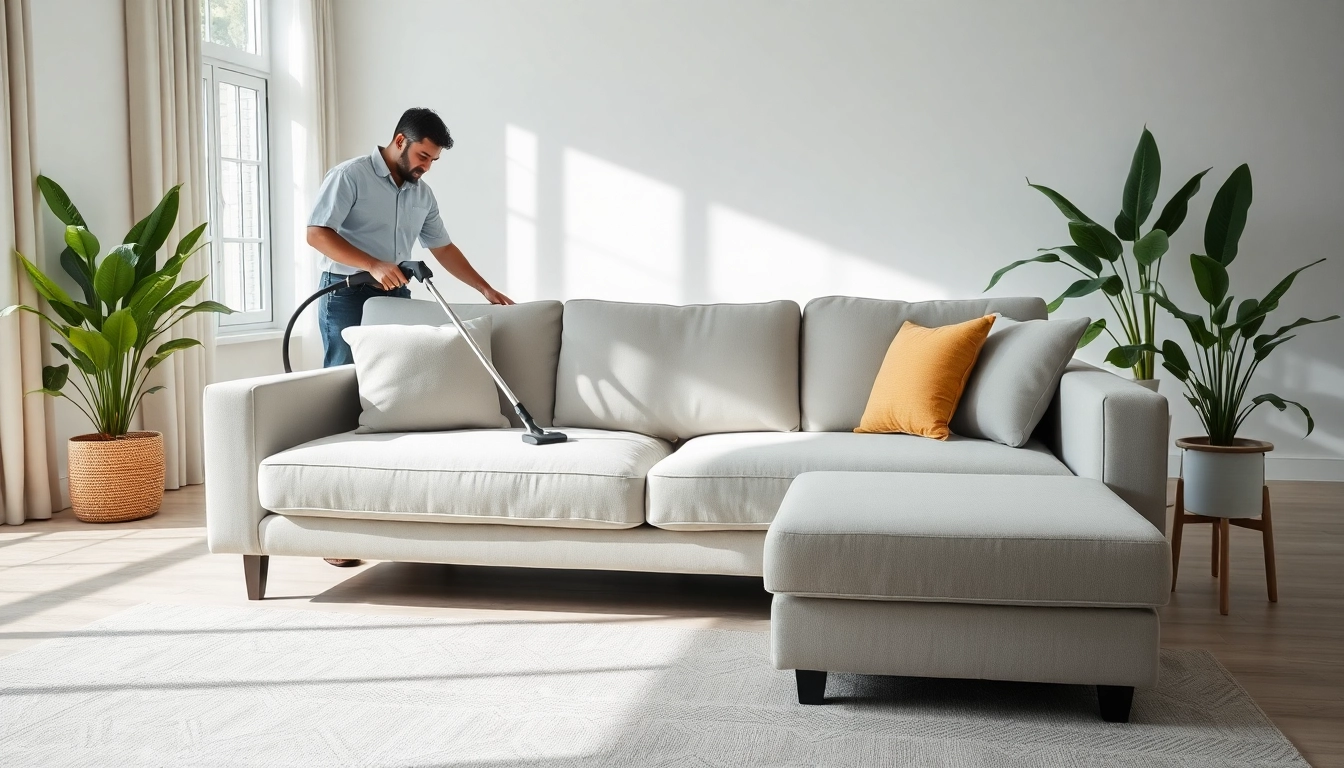 Sofa cleaning Dubai service showcasing a professional cleaner with advanced equipment in a stylish living room.