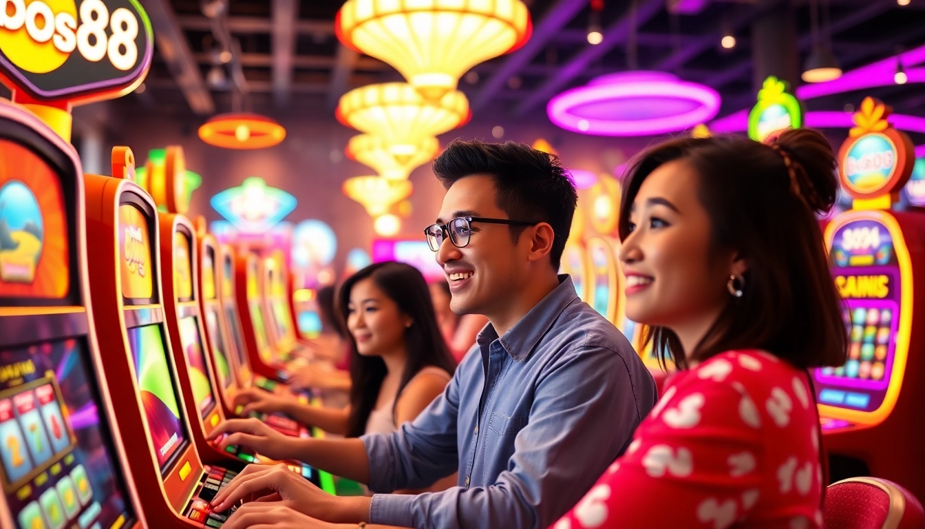 Berinteraksi di platform bos88 dengan suasana kasino yang cerah dan penuh semangat.