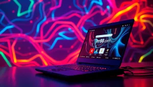 Engaging gaming setup showcasing rr88.com, featuring a vibrant, modern laptop.