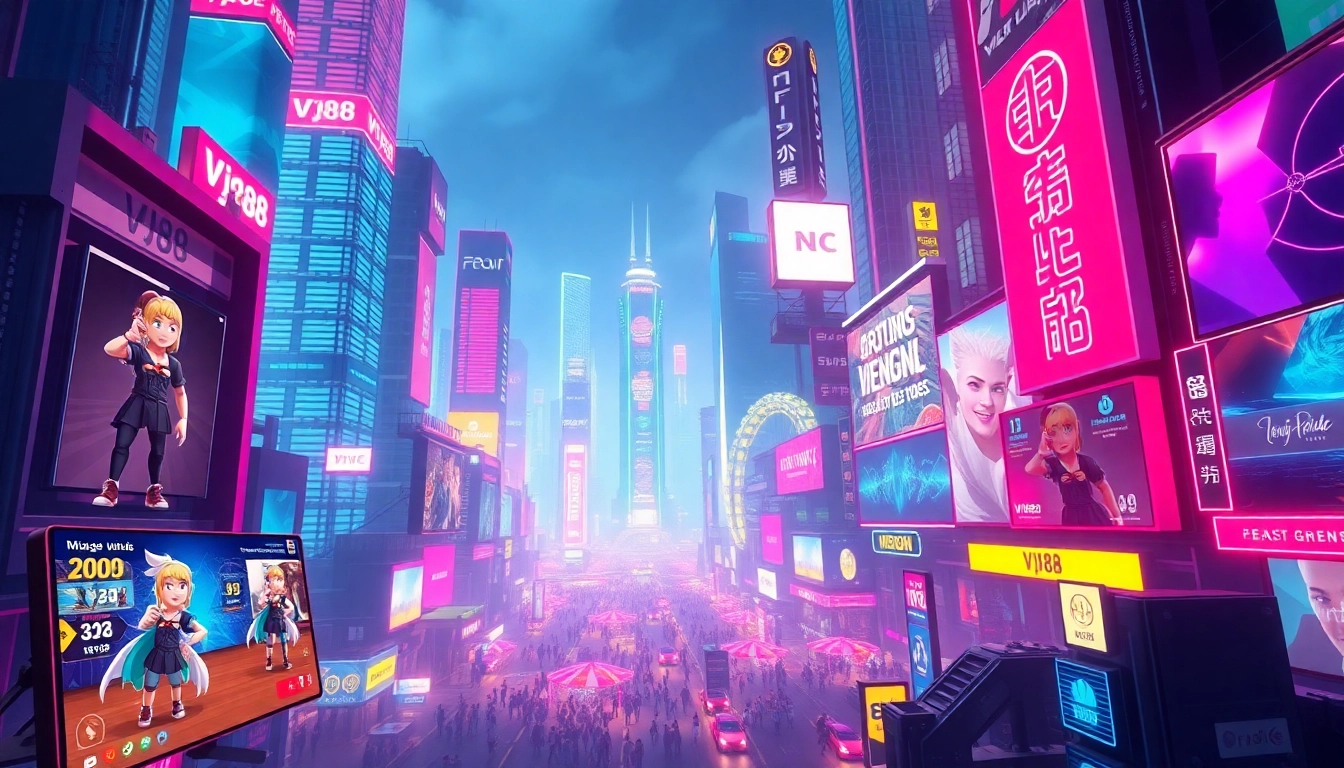 Engaging vj88 gaming interface depicted in a vibrant futuristic city setting, highlighting digital features.