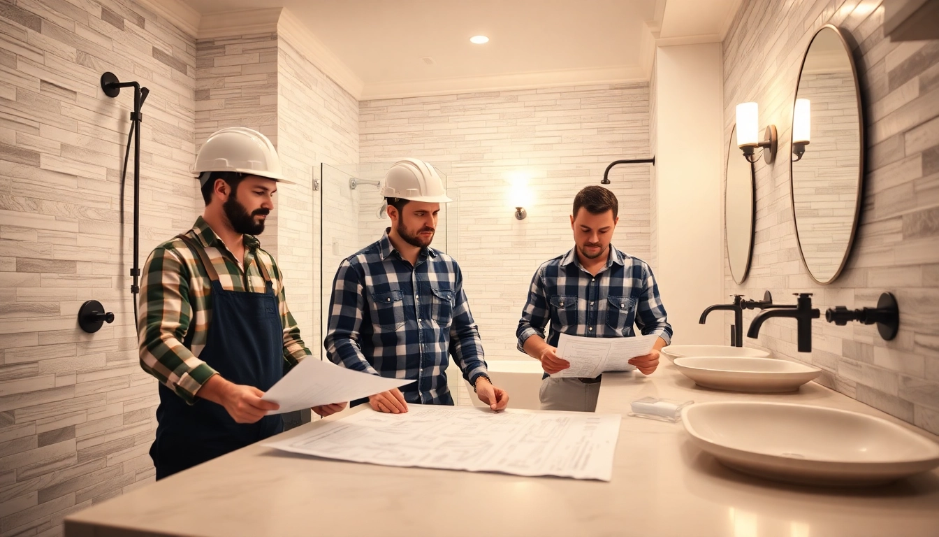 Bathroom builders expertly renovating a modern bathroom, showcasing elegant fixtures and tiles.