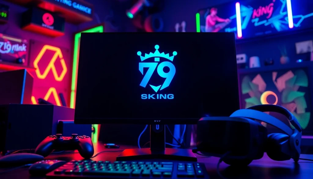 Engaging gaming setup featuring the 79king logo with vibrant colors and modern equipment.