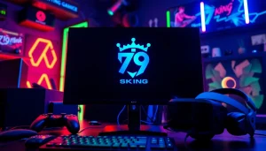 Engaging gaming setup featuring the 79king logo with vibrant colors and modern equipment.
