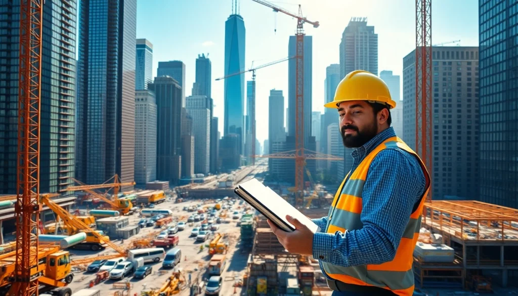 New York City construction manager overseeing a project site in a dynamic urban environment.