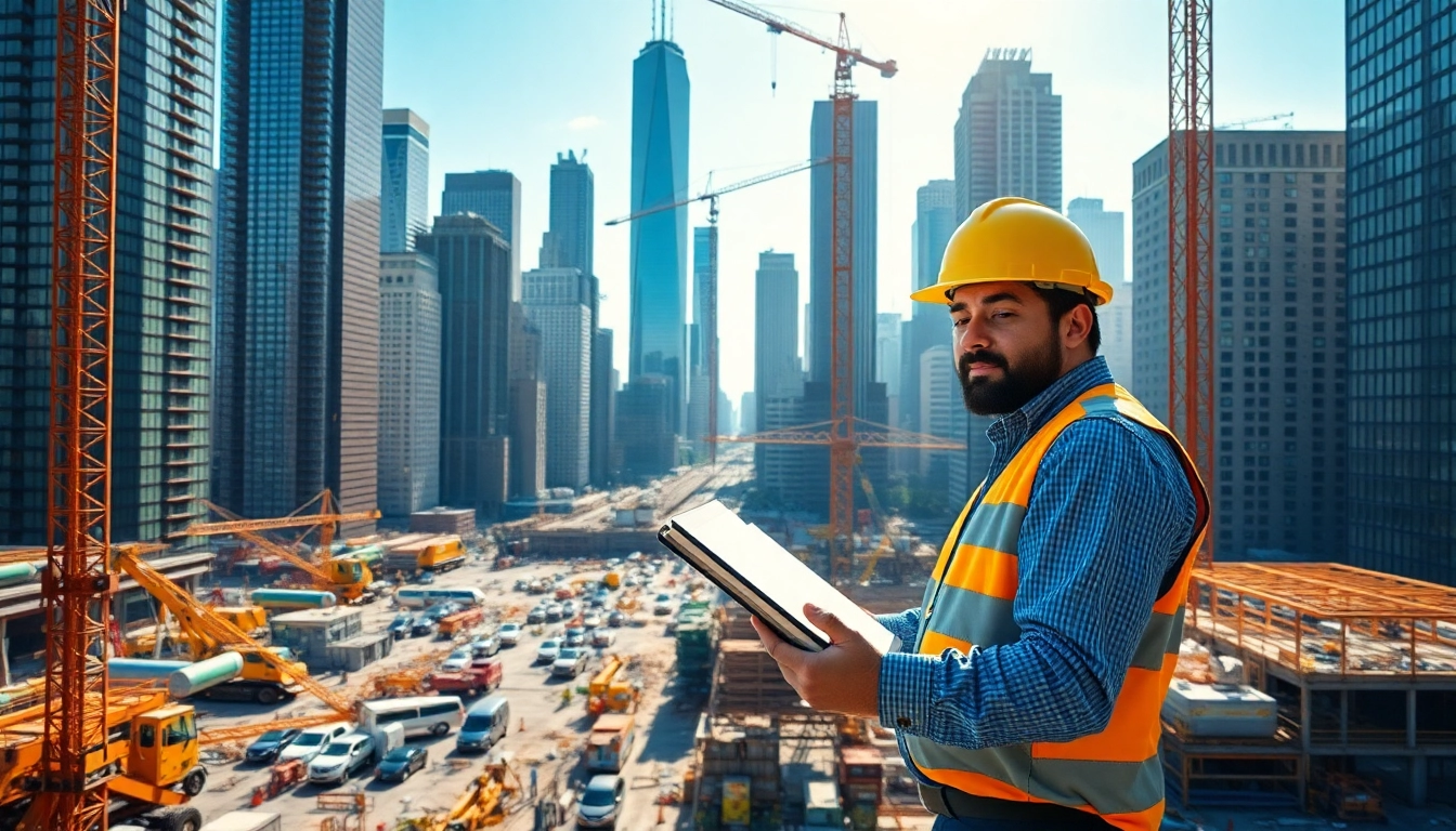 New York City construction manager overseeing a project site in a dynamic urban environment.